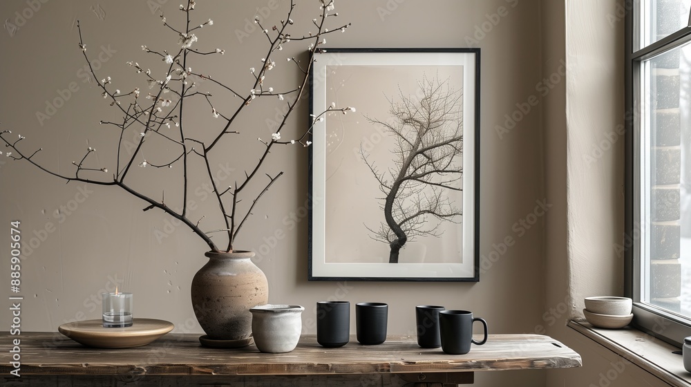 A rustic table with an antique vase and black mugs, in front of it is a framed print depicting branches and trees A rustic table with an antique vase and black mugs, in front of it is a framed print depicting branches and trees
