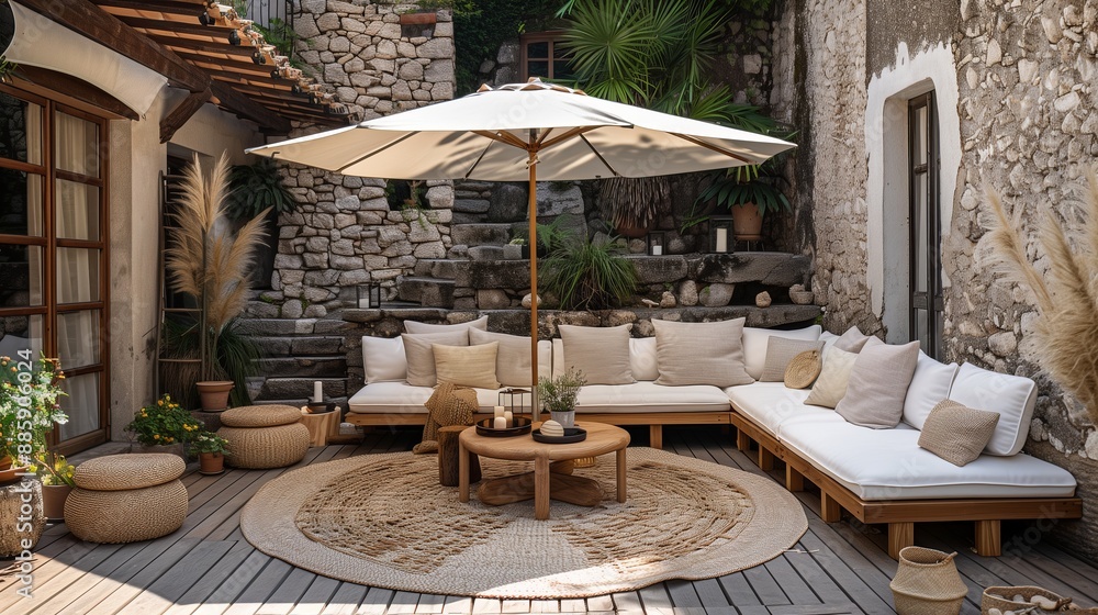 Fototapeta premium in the style of raw material, rustic trending and cozy summer outdoor space with wooden furniture and an umbrella over it