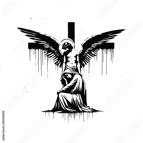 Angel at the Crucifixion, Capture an angel weeping or comforting Mary at the foot of the cross, in graffiti stencil with simple paint dripping