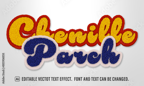chenille embroidery patch text effect. 100% editable vector.