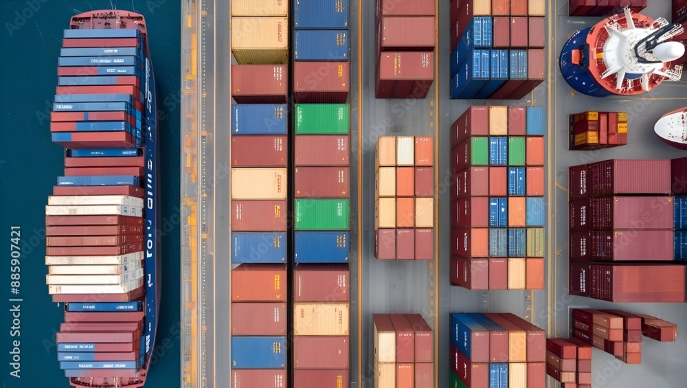 Aerial perspective of colorful containers and cargo ships at a port, global logistics. Aerial perspective of colorful containers and cargo ships at a port, global logistics.