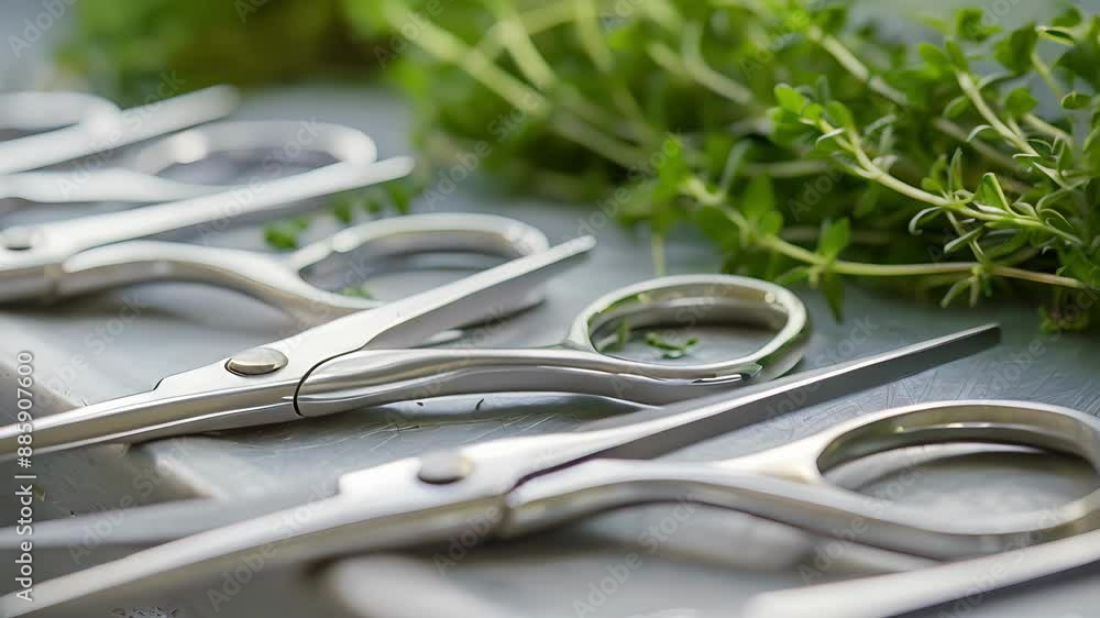 An array of small delicate herb scissors used for precisely ting fresh herbs. An array of small delicate herb scissors used for precisely ting fresh herbs.