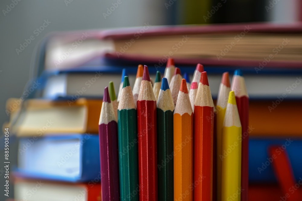 Colorful pencils standing upright in front of a stack of books with blurred background Colorful pencils standing upright in front of a stack of books with blurred background