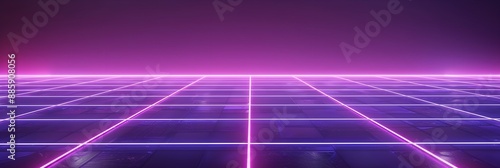 Neon wireframe horizon background The light purple square floor glows