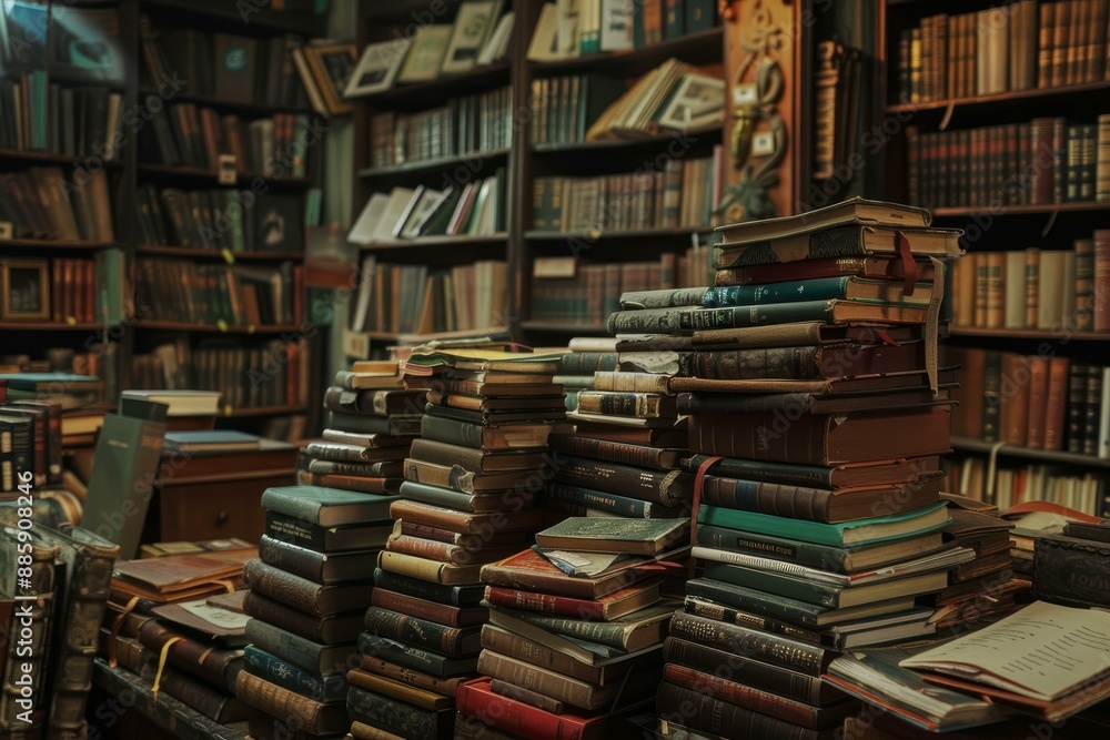 Stacks of old books with worn covers are piled on a wooden table in an old library Stacks of old books with worn covers are piled on a wooden table in an old library
