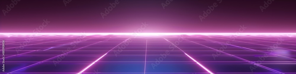 Neon wireframe horizon background The light purple square floor glows Neon wireframe horizon background The light purple square floor glows