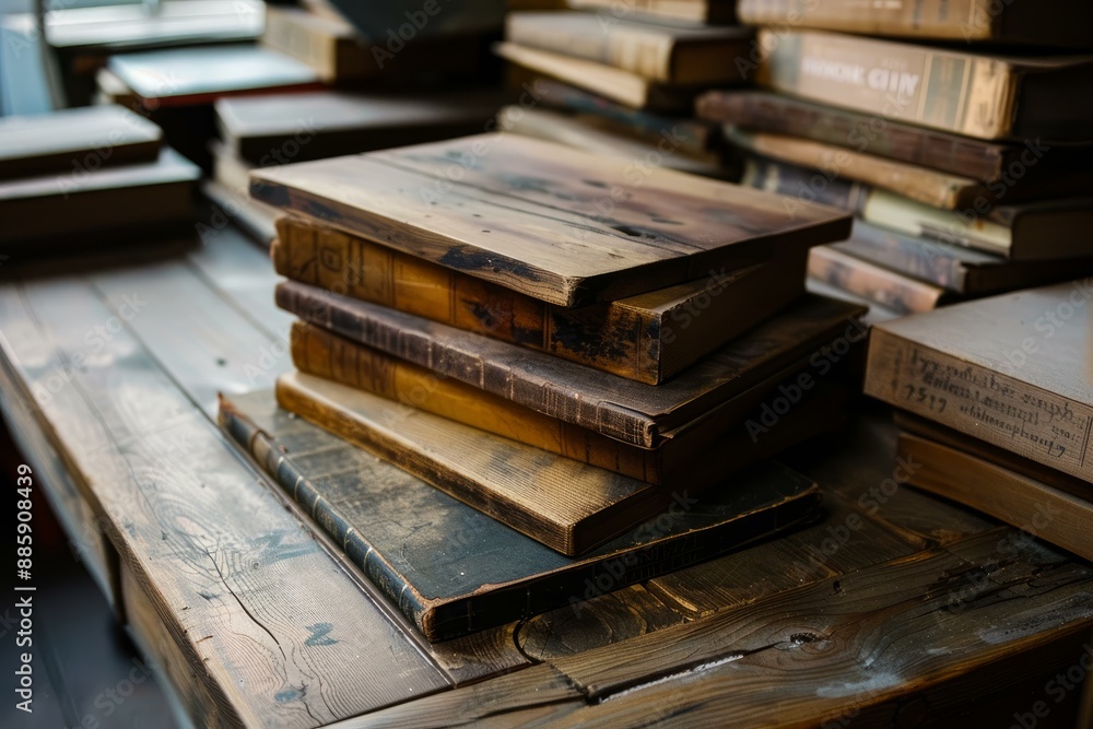 Stack of old books with worn covers sitting on a rustic wooden table Stack of old books with worn covers sitting on a rustic wooden table