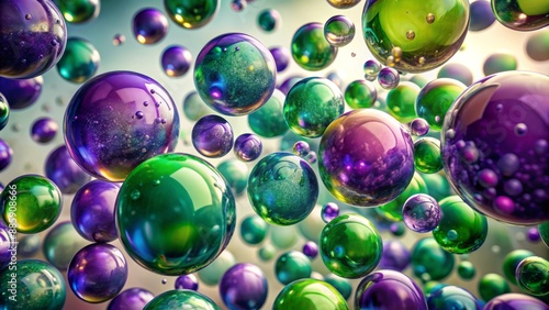 Vibrant purple and green oil spheres suspended in mid-air, glistening bubbles floating against a pristine white background, mesmerizing abstract scene.