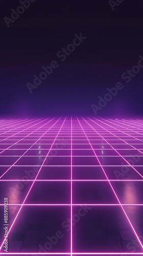 Neon wireframe horizon background The light purple square floor glows