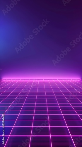 Neon wireframe horizon background The light purple square floor glows