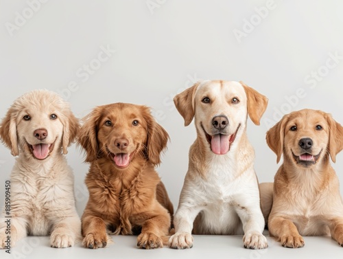 Four adorable dogs sitting in a row against a plain background, showcasing their happy expressions and different breeds. © KanitChurem