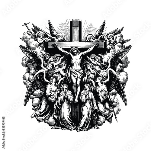 Angelic Choir at Calvary, Depict angels singing hymns of redemption as Christ hangs on the cross