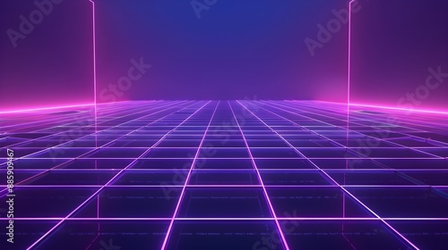 Neon wireframe horizon background The light purple square floor glows