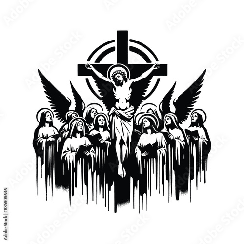 Angelic Choir at Calvary, Depict angels singing hymns of redemption as Christ hangs on the cross