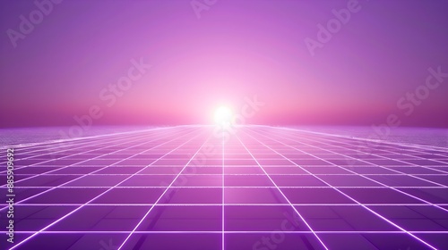 Neon wireframe horizon background The light purple square floor glows