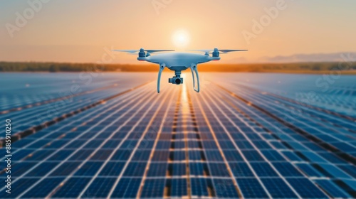 Drone flying among solar panels Cell to monitor electrical energy production