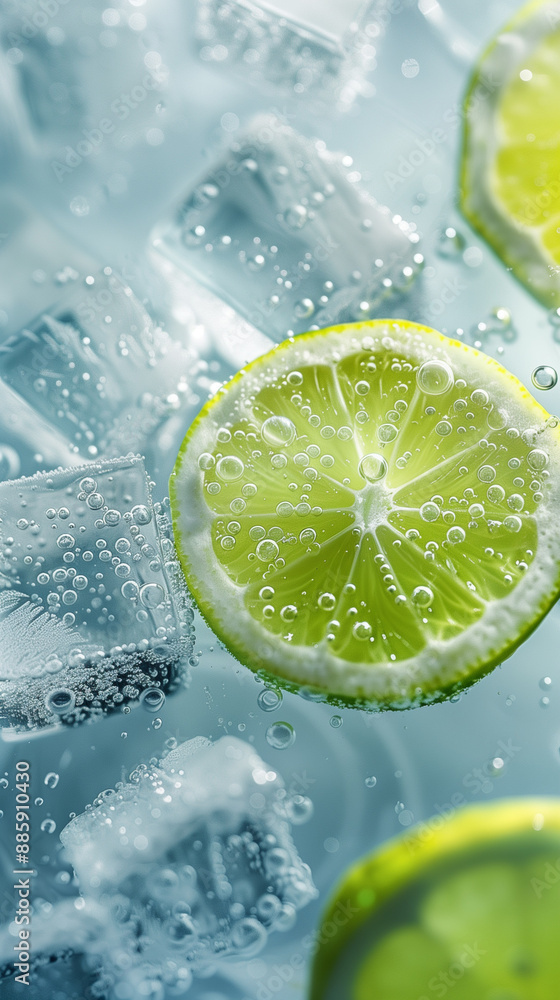 fresh green lemon slices and ice cubes floating in bubbly whitewater, creating a refreshing and invigorating summer scene on a light background with a crisp and clean aesthetic. fresh green lemon slices and ice cubes floating in bubbly whitewater, creating a refreshing and invigorating summer scene on a light background with a crisp and clean aesthetic.