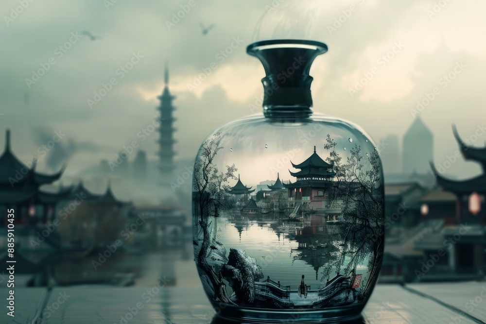Double exposure photography of a glass bottle refracting a scenic view of a traditional chinese town with pagodas and a lake Double exposure photography of a glass bottle refracting a scenic view of a traditional chinese town with pagodas and a lake