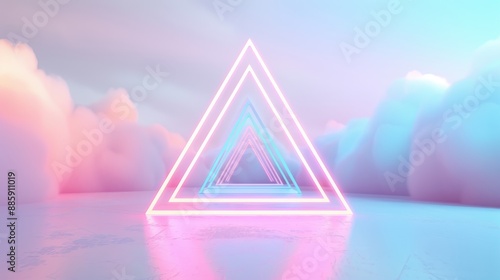 A neon pink and blue triangle is lit up in a cloudy sky photo