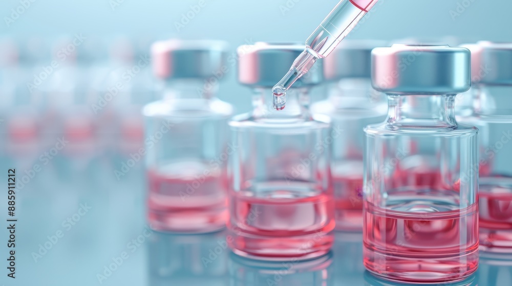 A row of pink vials with a syringe in the middle A row of pink vials with a syringe in the middle