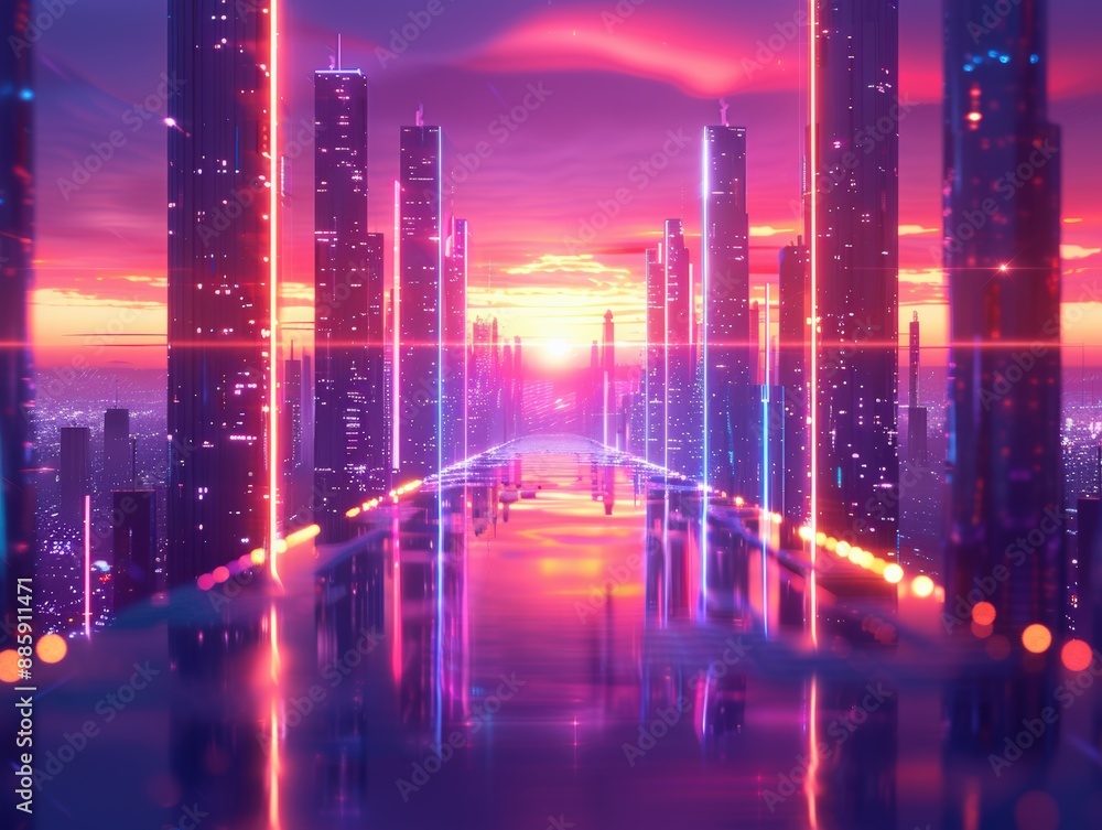 Futuristic cityscape with neon-lit skyscrapers and a vibrant sunset sky. Beautiful digital art showcasing modern architecture and technology. Futuristic cityscape with neon-lit skyscrapers and a vibrant sunset sky. Beautiful digital art showcasing modern architecture and technology.
