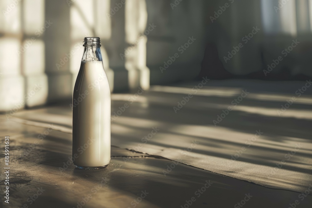 Glass bottle full of milk standing on wooden table in sunbeam, healthy breakfast concept