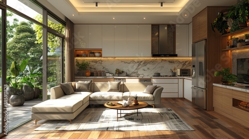 Wallpaper Mural Home simulation, comfortable modern kitchen interior background, 3d rendering Torontodigital.ca