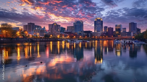 A city skyline reflected in a river, with boats and waterfront activities adding to the lively scene