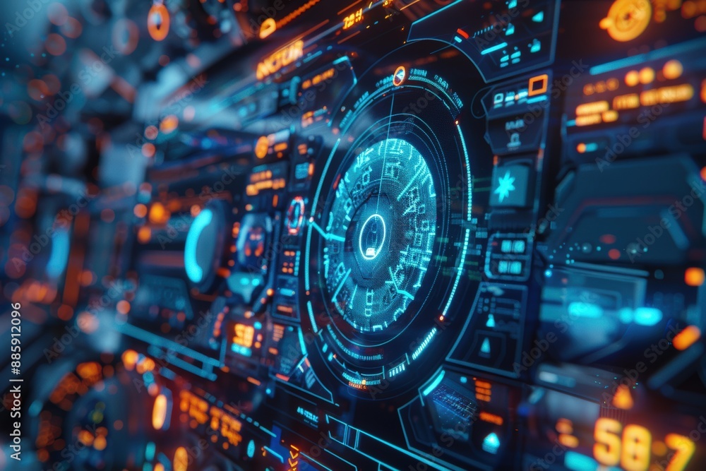 Futuristic digital interface with glowing neon elements, displaying ...