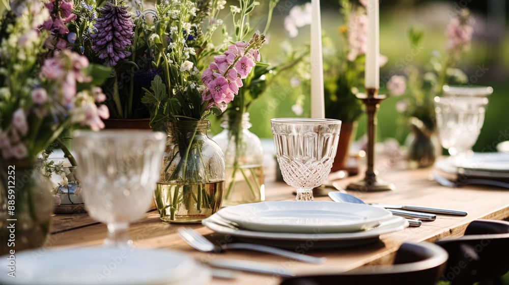 Table decor, holiday tablescape and dinner table setting in countryside garden, formal event decoration for wedding, family celebration, English country and home styling inspiration Table decor, holiday tablescape and dinner table setting in countryside garden, formal event decoration for wedding, family celebration, English country and home styling inspiration