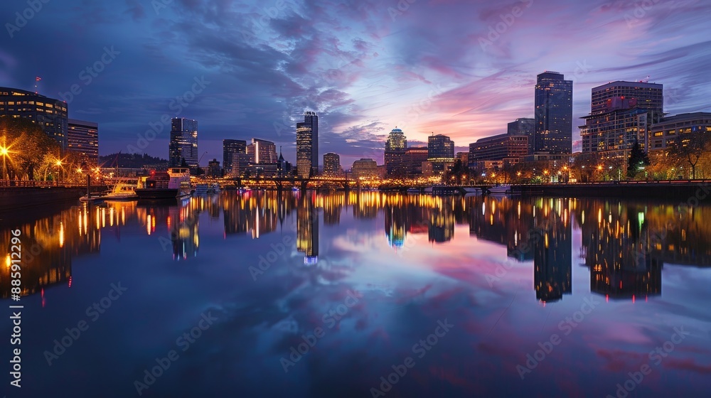 Fototapeta premium A city skyline reflected in a river, with boats and waterfront activities adding to the lively scene