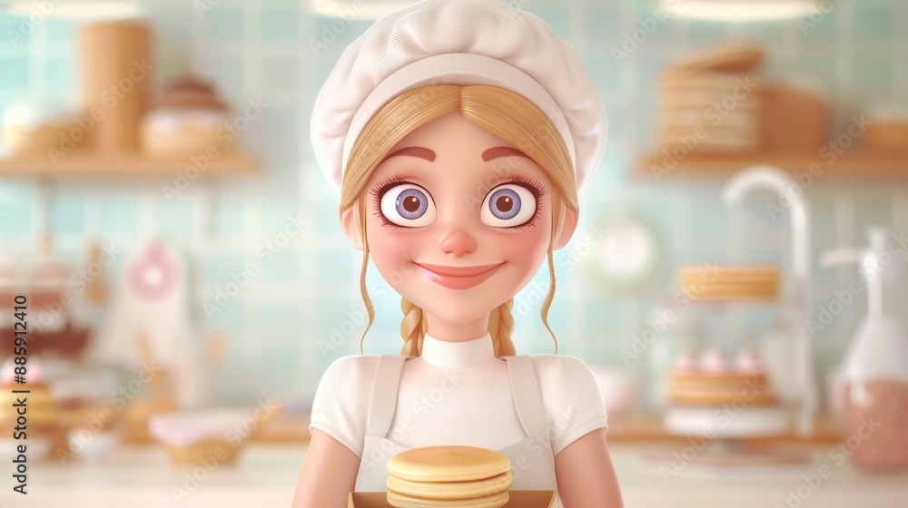 A cartoon girl in a white apron is holding a stack of pancakes A cartoon girl in a white apron is holding a stack of pancakes