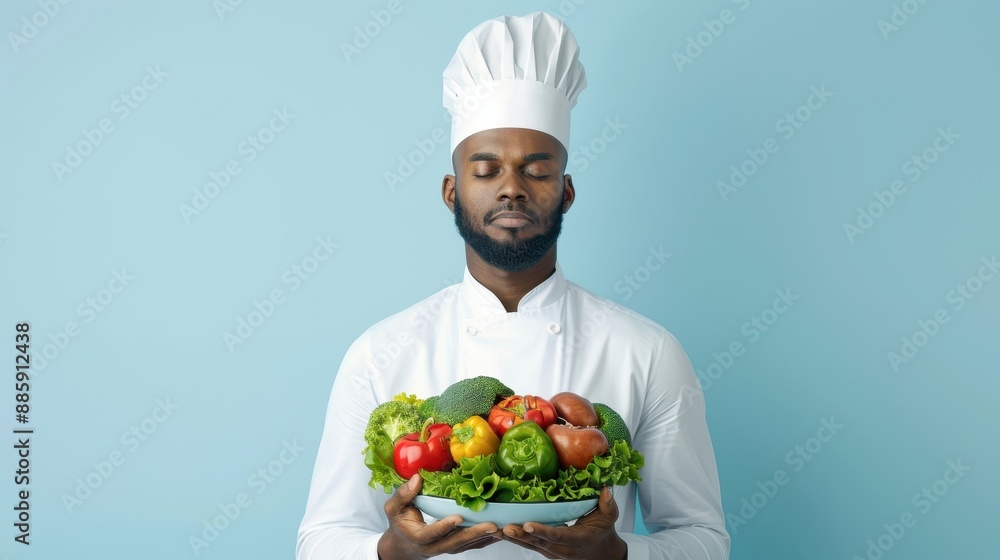 A chef is holding a bowl of vegetables and is wearing a white hat