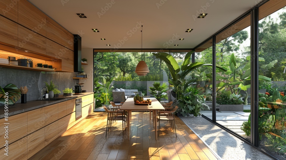 Home simulation, comfortable modern kitchen interior background, 3d rendering Home simulation, comfortable modern kitchen interior background, 3d rendering
