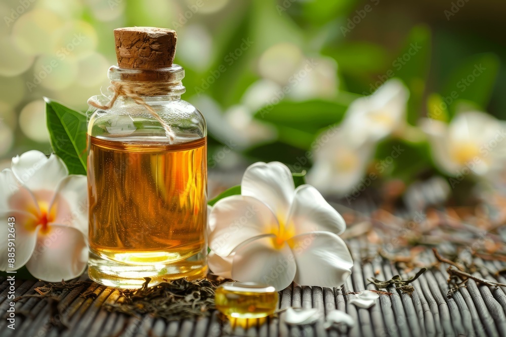 Essential oil bottle is standing on a bamboo mat, surrounded by white flowers, green leaves, and loose tea Essential oil bottle is standing on a bamboo mat, surrounded by white flowers, green leaves, and loose tea