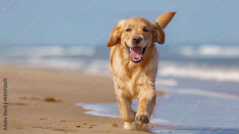 A golden retriever is running on the beach, enjoying the warm sand A golden retriever is running on the beach, enjoying the warm sand