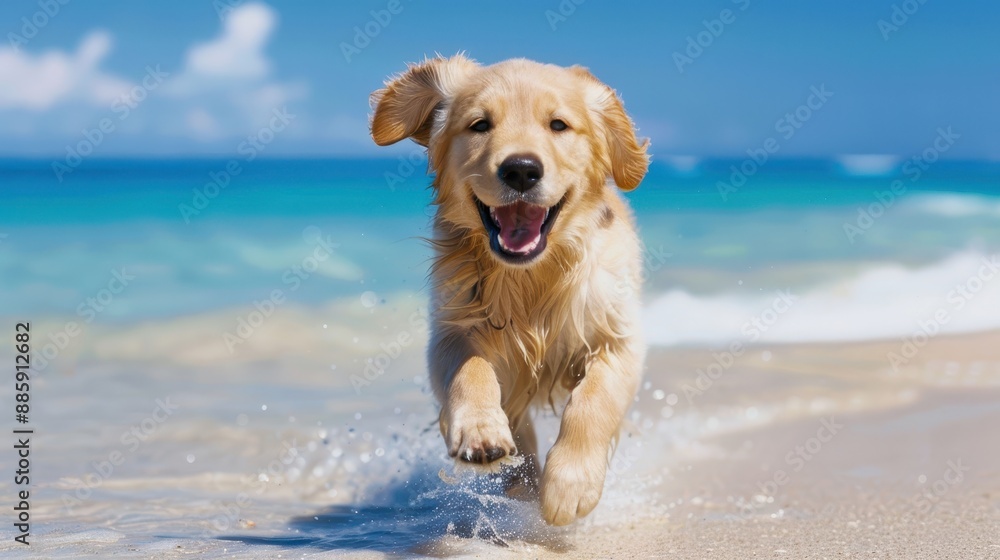 A dog is running on the beach, enjoying the ocean breeze A dog is running on the beach, enjoying the ocean breeze