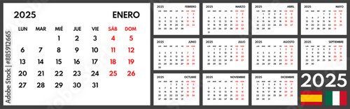 2025 year monthly office planner, calendar starts monday, two red weekends, white background, spanish months name