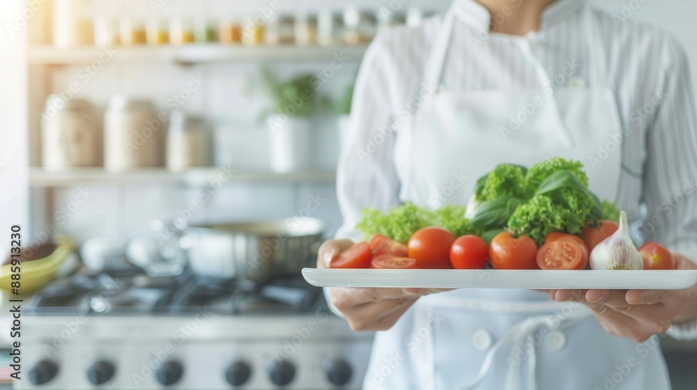 A woman is holding a plate of vegetables in a kitchen A woman is holding a plate of vegetables in a kitchen