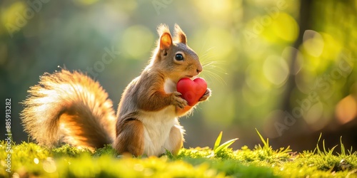 Adorable squirrel holding a heart in its paws on a sunny day , love, animal, cute, Valentine's Day, symbol, nature