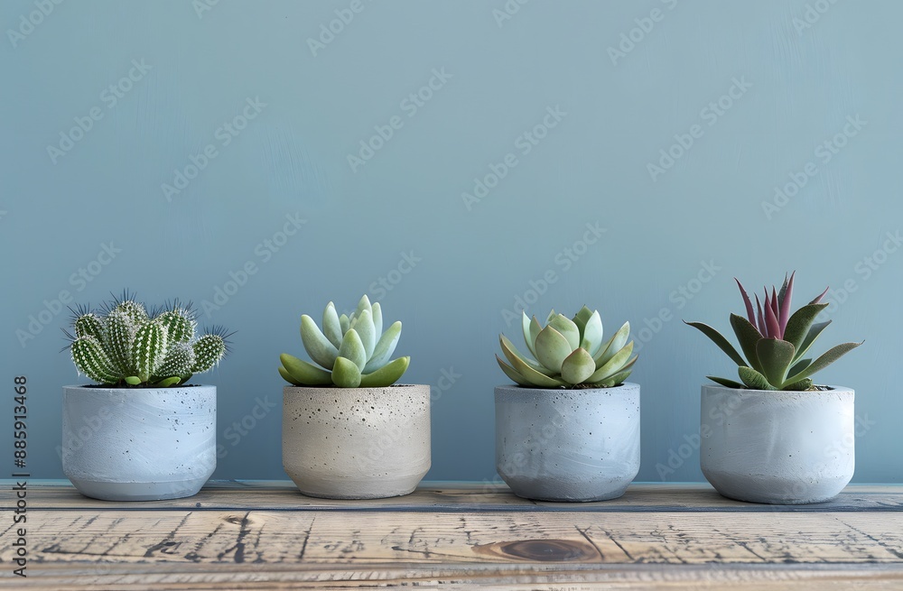 Minimalist Succulents in Concrete Planters on Wooden Table Minimalist Succulents in Concrete Planters on Wooden Table