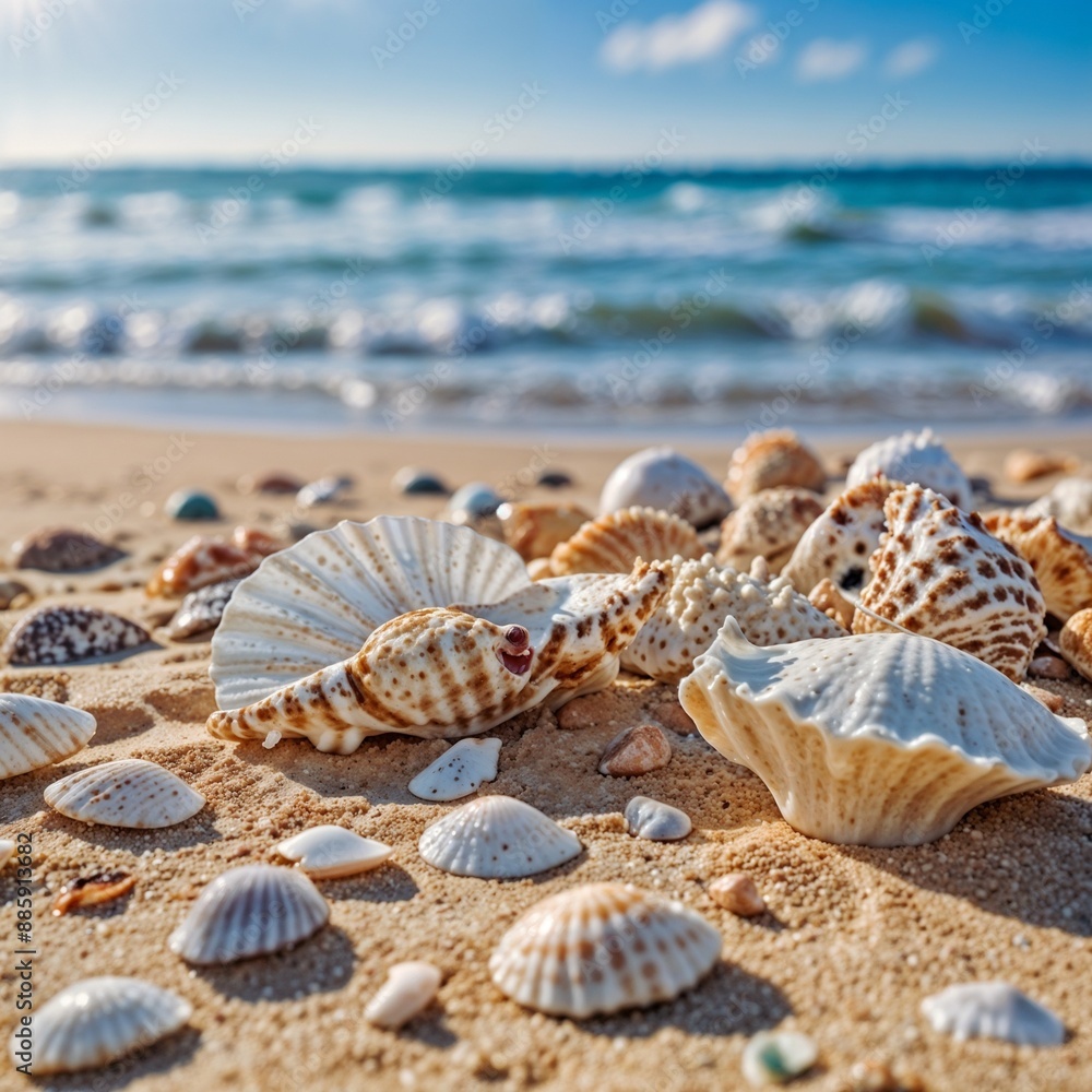 A closeup of various seashells scattered on a sandy beach, with the ocean out of focus in the background. A closeup of various seashells scattered on a sandy beach, with the ocean out of focus in the background.