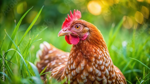 Red-speckled chicken foraging in grass, close up of hen looking into camera, Chicken, Red-speckled, Foraging, Grass, Garden, Close-up