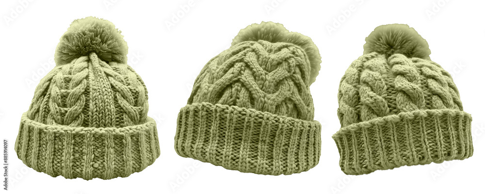 Fototapeta premium Set of maroon green pom pom ball knit knitted woven cuffed wool ribbed beanie hat, front and flat lay view on transparent cutout PNG file. Mockup template for artwork design