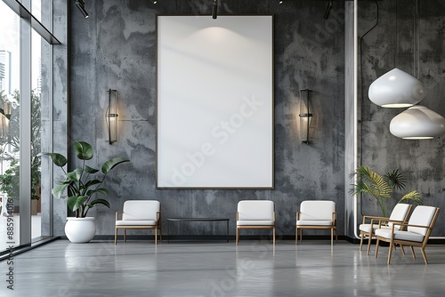 Blank White Poster Mockup on Office Waiting Room Wall, Featuring Modern Architecture with Concrete Floor and Grey Walls, Minimalist Interior Design with White Chairs.