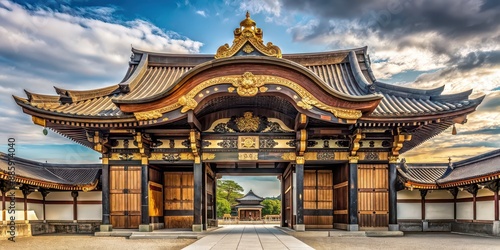 Majestic entrance of Nijo Castle featuring intricate carvings and grand architecture, Nijo Castle, Japan, Kyoto