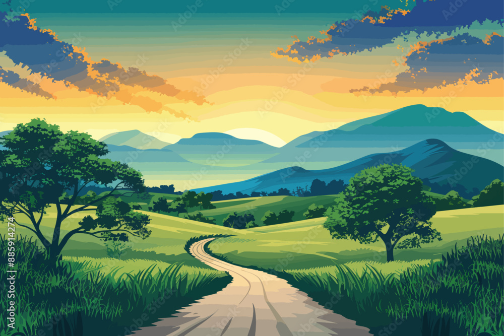 Peaceful Country Road at Sunrise. Idyllic Mountain Landscape. Peaceful Country Road at Sunrise. Idyllic Mountain Landscape.