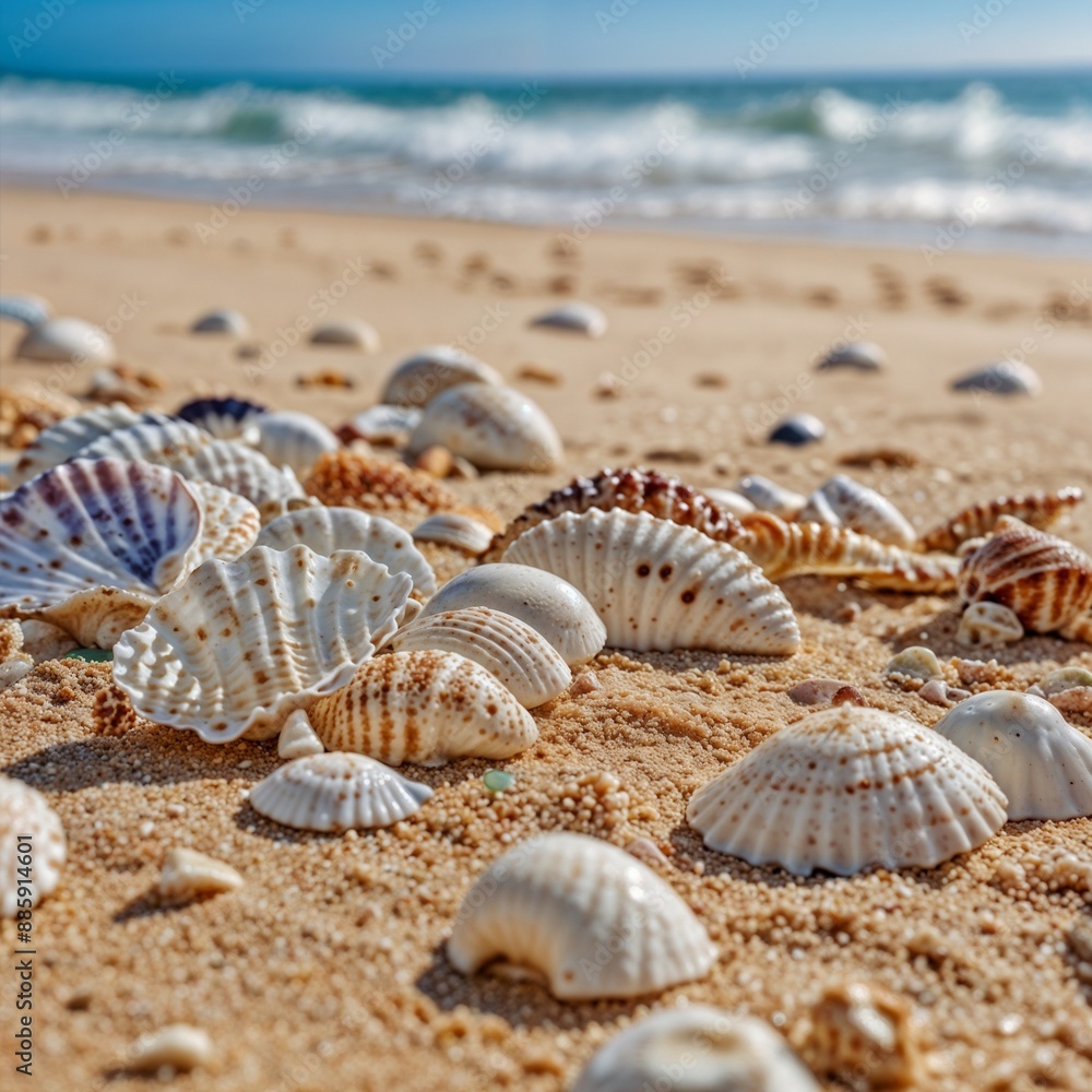 A closeup of various seashells scattered on a sandy beach, with the ocean out of focus in the background. A closeup of various seashells scattered on a sandy beach, with the ocean out of focus in the background.