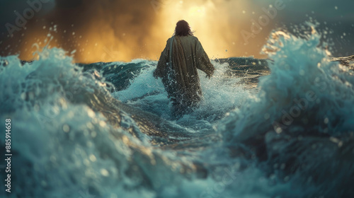Jesus walks on water across the sea during a storm