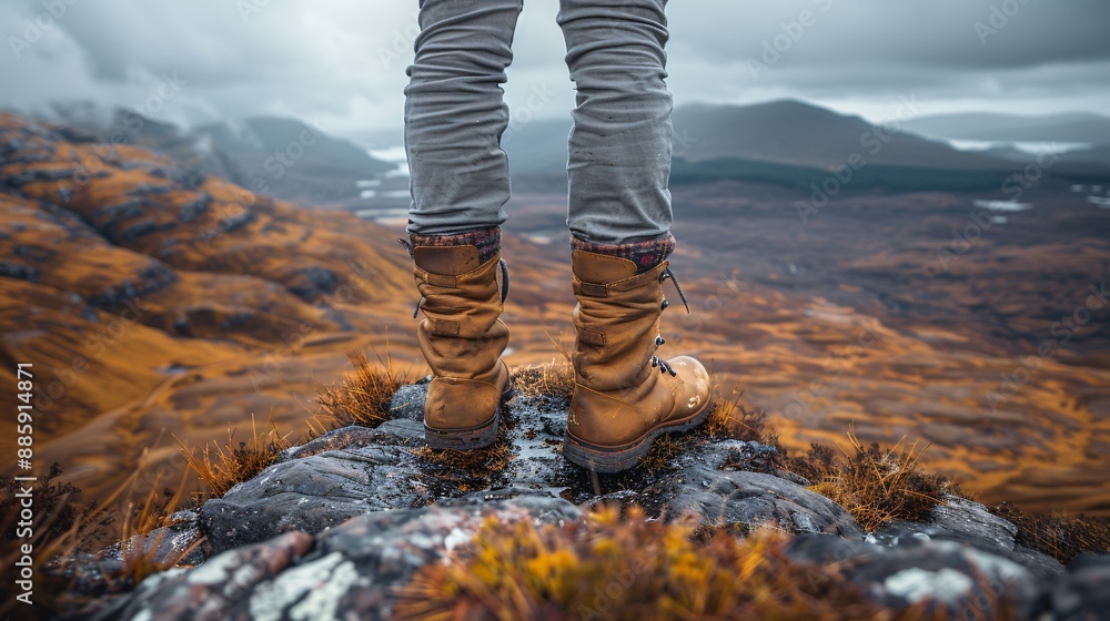 Person standing on a muddy summit their stance confident despite the dirt and grime on their clothes Stock Photo with copy space Person standing on a muddy summit their stance confident despite the dirt and grime on their clothes Stock Photo with copy space